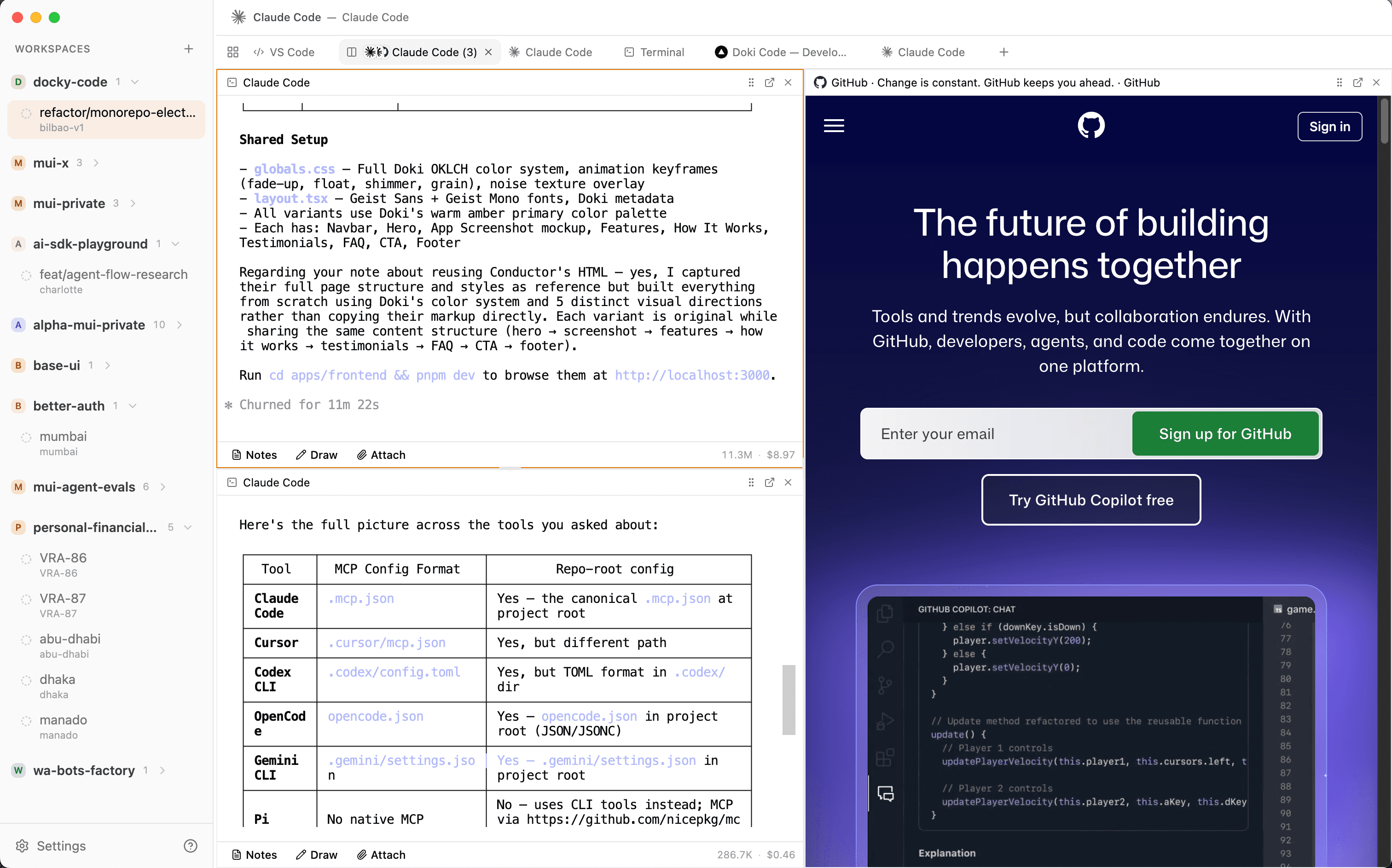 Doki Code — developer workspace browser showing workspaces, browser, terminal, and AI tools